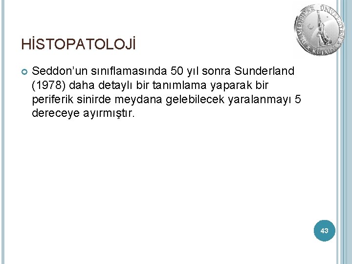 HİSTOPATOLOJİ Seddon’un sınıflamasında 50 yıl sonra Sunderland (1978) daha detaylı bir tanımlama yaparak bir