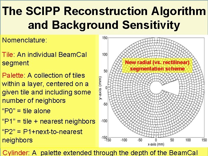 The SCIPP Reconstruction Algorithm and Background Sensitivity Nomenclature: Tile: An individual Beam. Cal segment