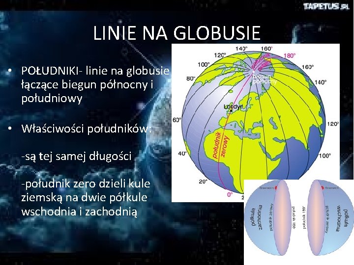 LINIE NA GLOBUSIE • POŁUDNIKI- linie na globusie łączące biegun północny i południowy •
