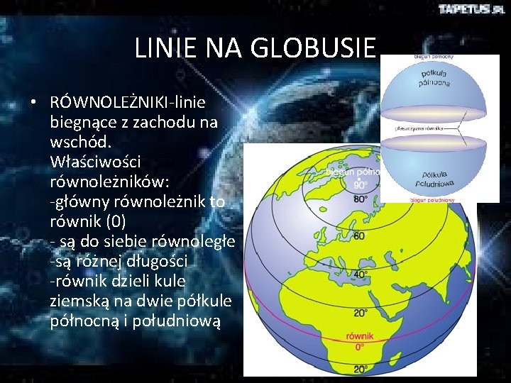 LINIE NA GLOBUSIE • RÓWNOLEŻNIKI-linie biegnące z zachodu na wschód. Właściwości równoleżników: -główny równoleżnik