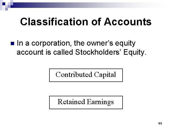 Classification of Accounts n In a corporation, the owner’s equity account is called Stockholders’