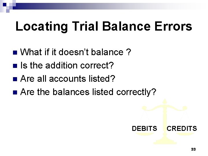 Locating Trial Balance Errors What if it doesn’t balance ? n Is the addition