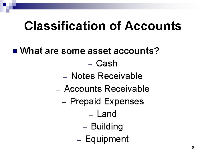 Classification of Accounts n What are some asset accounts? – Cash – Notes Receivable