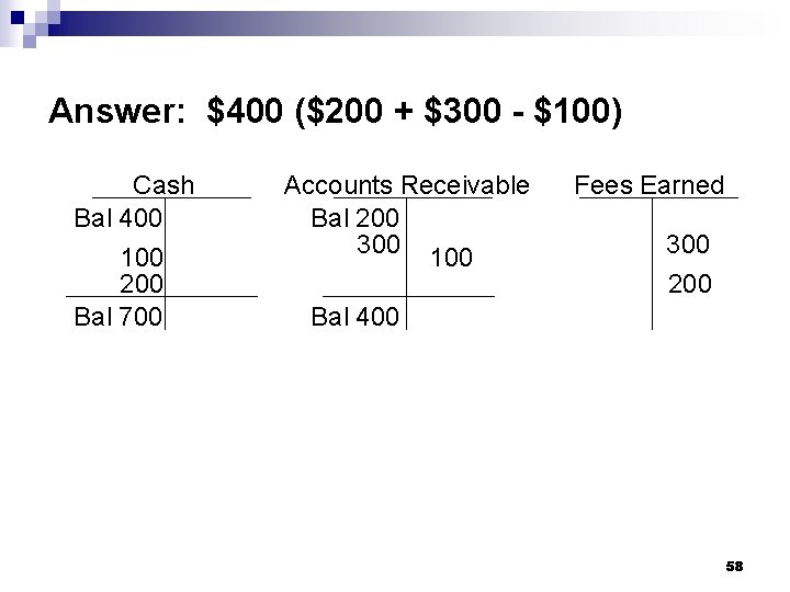 Answer: $400 ($200 + $300 - $100) Cash Bal 400 100 200 Bal 700