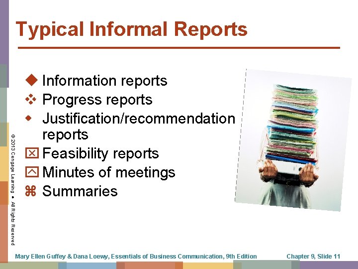 Typical Informal Reports © 2013 Cengage Learning ● All Rights Reserved u Information reports