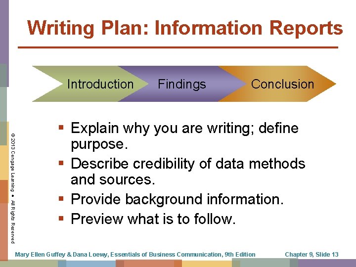 Writing Plan: Information Reports Introduction Findings Conclusion © 2013 Cengage Learning ● All Rights