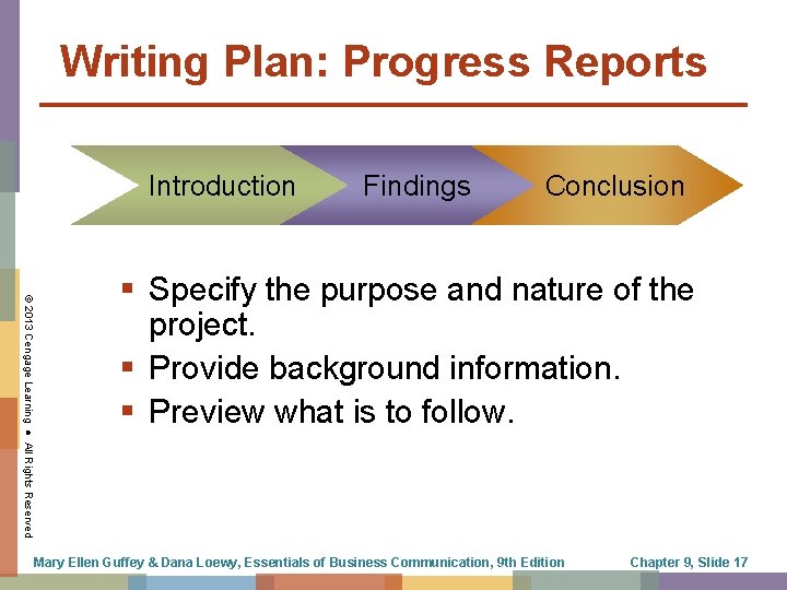 Writing Plan: Progress Reports Introduction Findings Conclusion © 2013 Cengage Learning ● All Rights