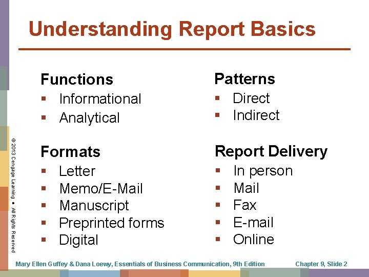 Understanding Report Basics © 2013 Cengage Learning ● All Rights Reserved Functions Patterns §