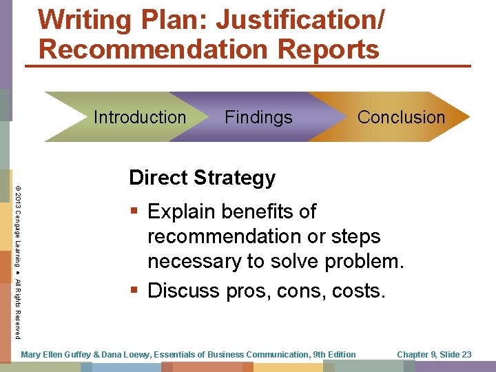 Writing Plan: Justification/ Recommendation Reports Introduction Findings Conclusion © 2013 Cengage Learning ● All