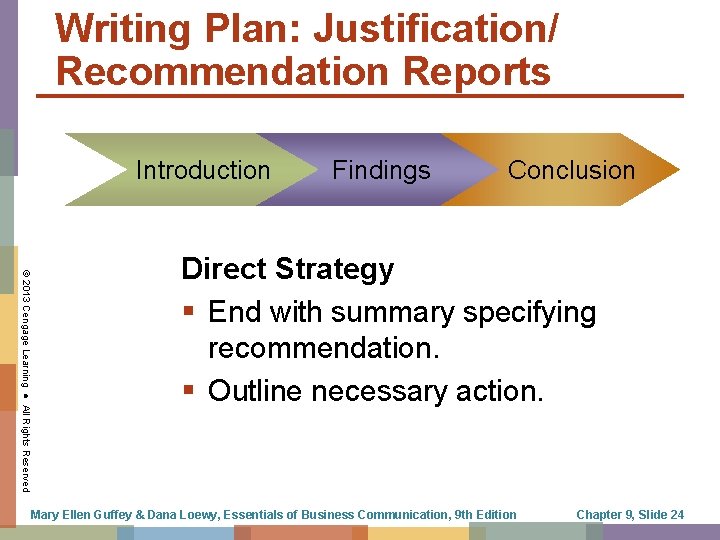 Writing Plan: Justification/ Recommendation Reports Introduction Findings Conclusion © 2013 Cengage Learning ● All