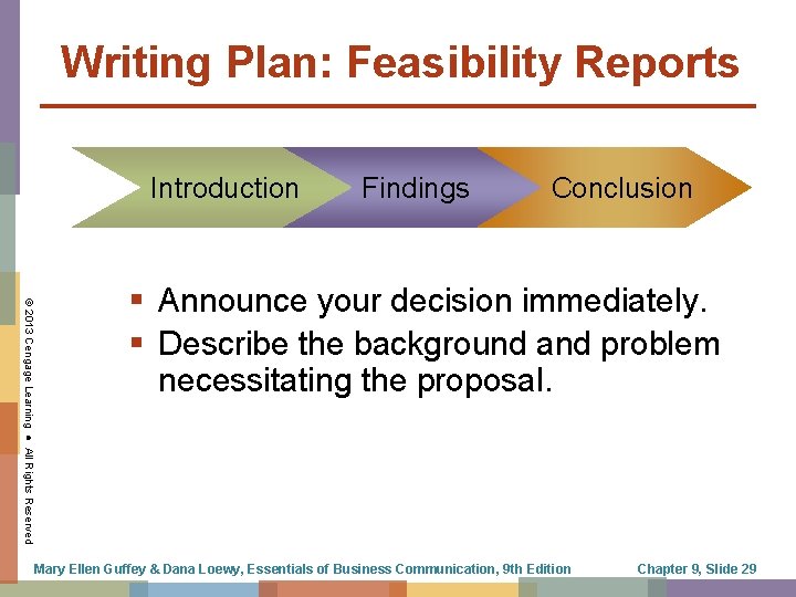 Writing Plan: Feasibility Reports Introduction Findings Conclusion © 2013 Cengage Learning ● All Rights