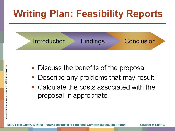 Writing Plan: Feasibility Reports Introduction Findings Conclusion © 2013 Cengage Learning ● All Rights