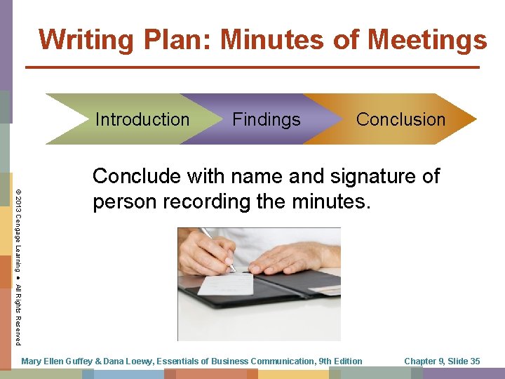 Writing Plan: Minutes of Meetings Introduction Findings Conclusion © 2013 Cengage Learning ● All