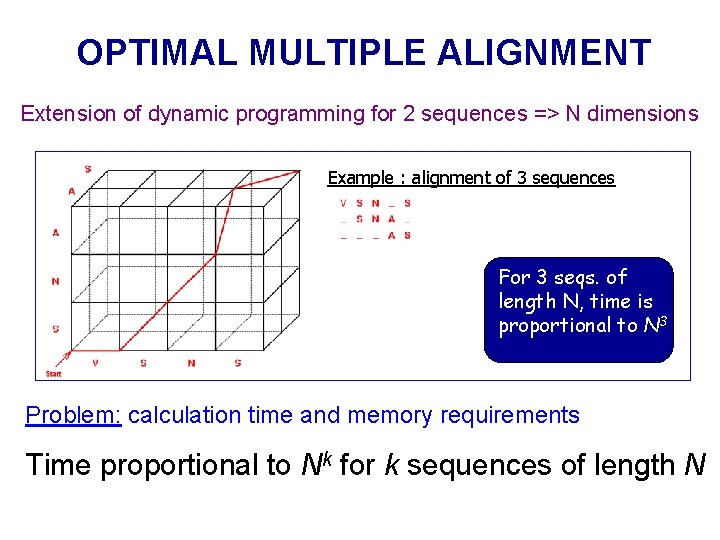 OPTIMAL MULTIPLE ALIGNMENT Extension of dynamic programming for 2 sequences => N dimensions Example