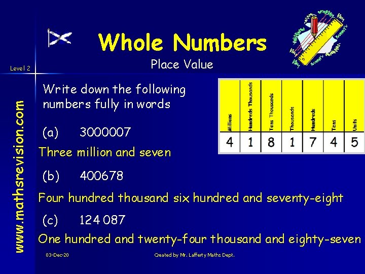 Whole Numbers Place Value www. mathsrevision. com Level 2 Write down the following numbers