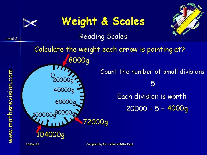 Weight & Scales Reading Scales Level 2 Calculate the weight each arrow is pointing