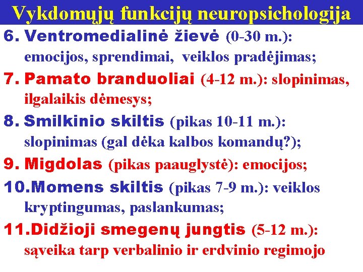 Vykdomųjų funkcijų neuropsichologija 6. Ventromedialinė žievė (0 -30 m. ): emocijos, sprendimai, veiklos pradėjimas;