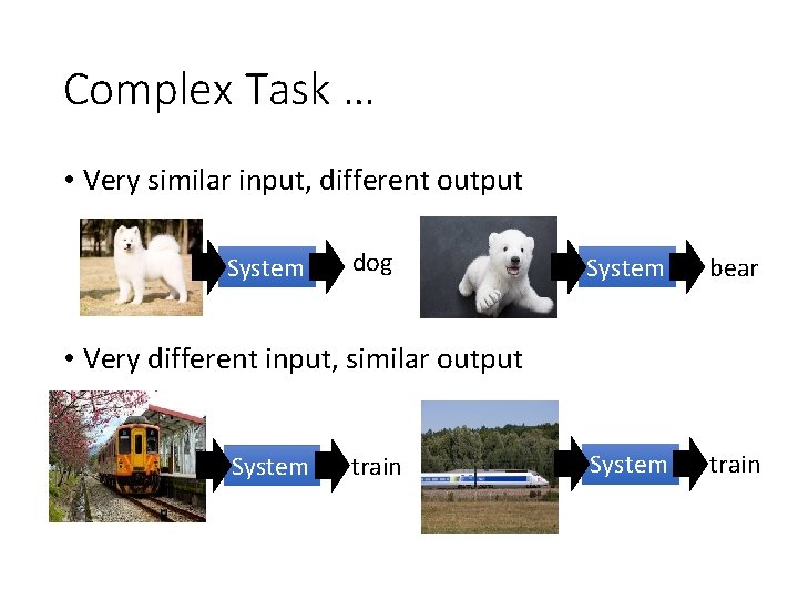 Complex Task … • Very similar input, different output System dog System bear System