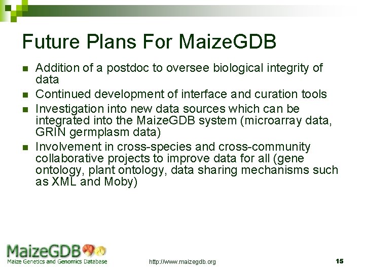Future Plans For Maize. GDB n n Addition of a postdoc to oversee biological