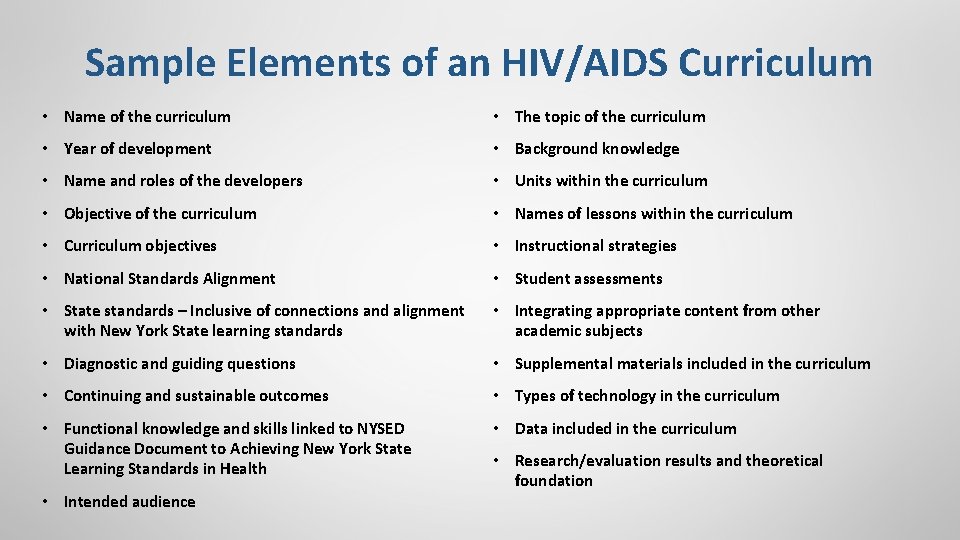 Sample Elements of an HIV/AIDS Curriculum • Name of the curriculum • The topic