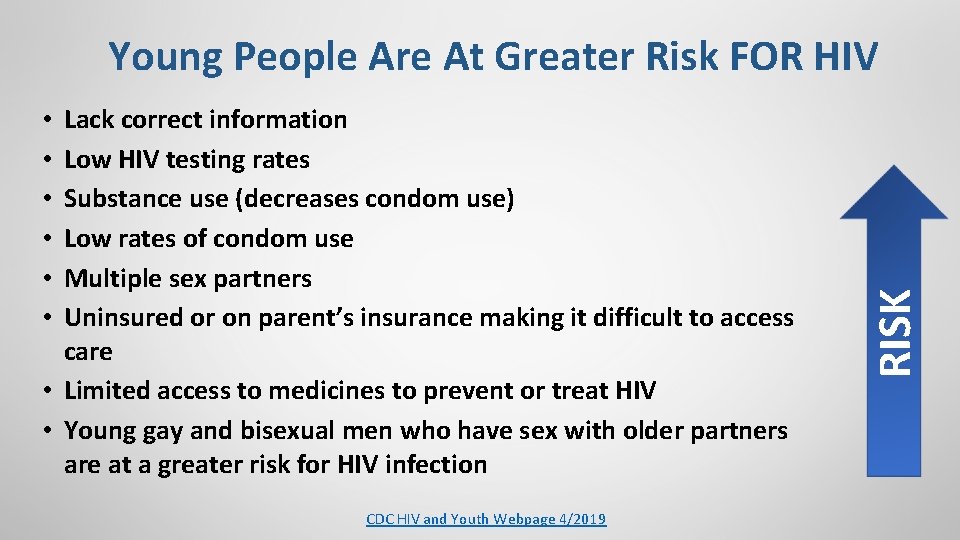 Lack correct information Low HIV testing rates Substance use (decreases condom use) Low rates