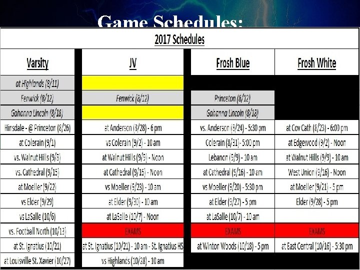 Game Schedules: 