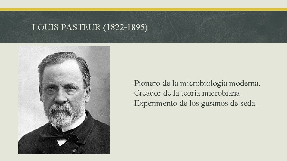 LOUIS PASTEUR (1822 -1895) -Pionero de la microbiología moderna. -Creador de la teoría microbiana.