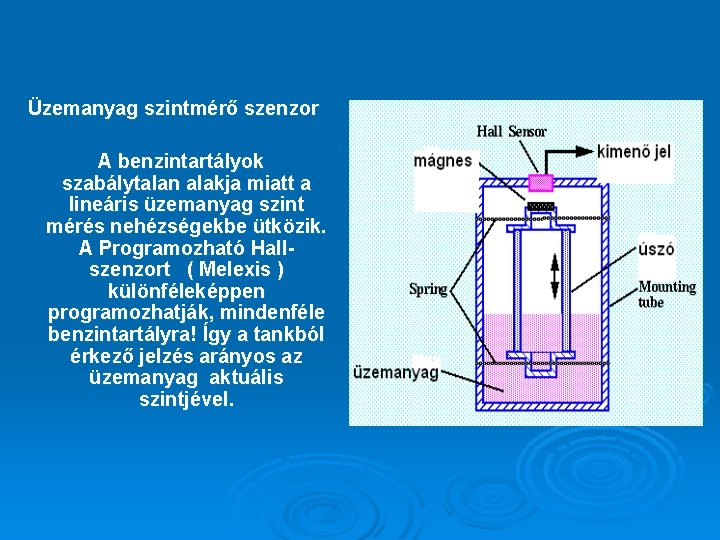 Üzemanyag szintmérő szenzor A benzintartályok szabálytalan alakja miatt a lineáris üzemanyag szint mérés nehézségekbe