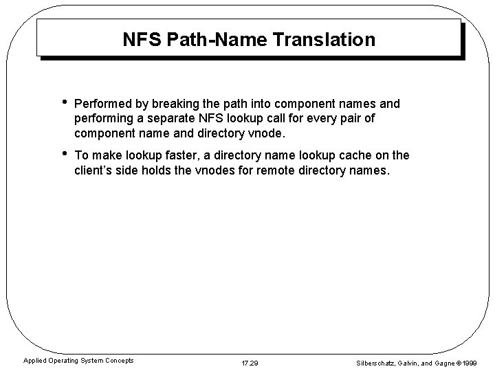 NFS Path-Name Translation • Performed by breaking the path into component names and performing NFS Path-Name Translation • Performed by breaking the path into component names and performing