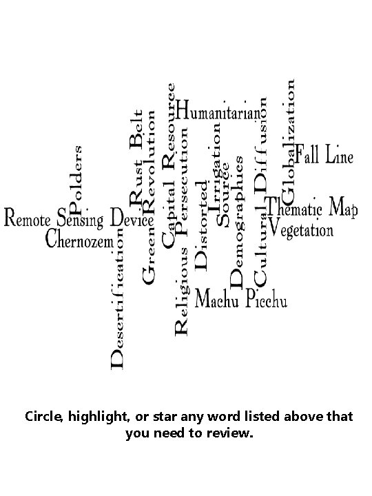 Circle, highlight, or star any word listed above that you need to review. 
