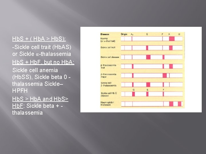Hb. S + ( Hb. A > Hb. S): -Sickle cell trait (Hb. AS)