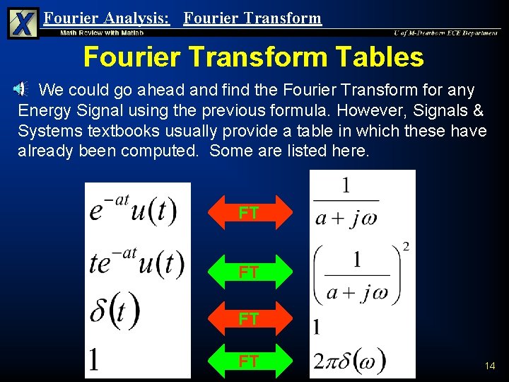 Fourier Analysis: Fourier Transform Tables We could go ahead and find the Fourier Transform