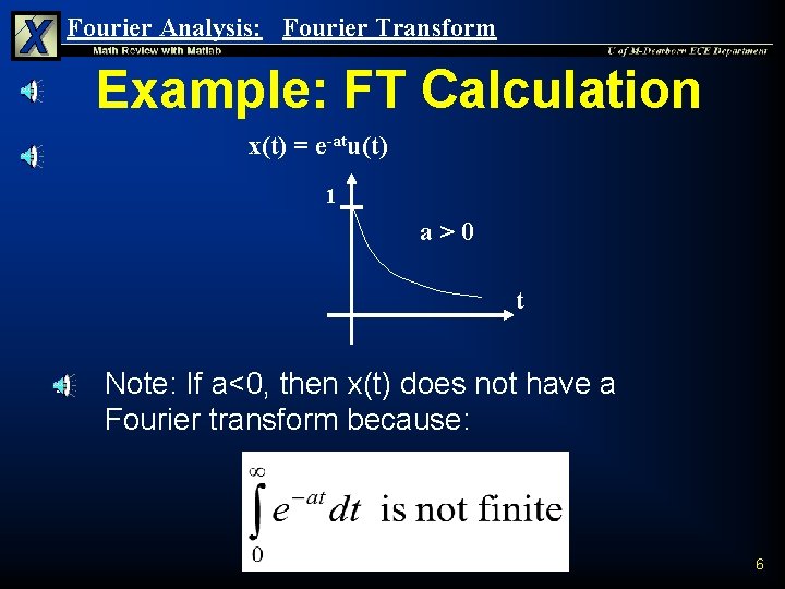 Fourier Analysis: Fourier Transform Example: FT Calculation x(t) = e-atu(t) 1 a>0 t n
