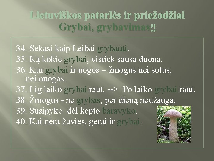 Lietuviškos patarlės ir priežodžiai Grybai, grybavimas 34. Sekasi kaip Leibai grybauti. 35. Ką kokie