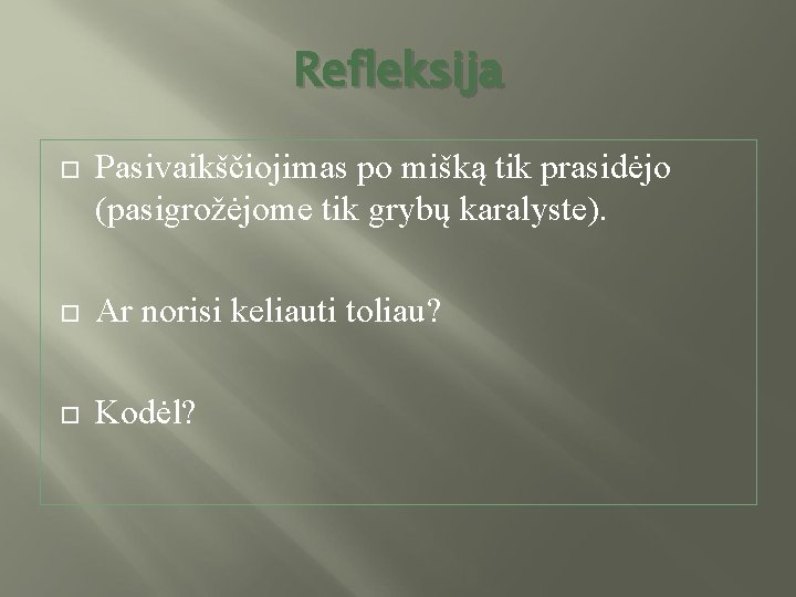 Refleksija Pasivaikščiojimas po mišką tik prasidėjo (pasigrožėjome tik grybų karalyste). Ar norisi keliauti toliau?