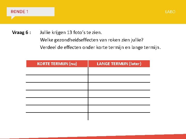 LABO Vraag 6 : Jullie krijgen 13 foto’s te zien. Welke gezondheidseffecten van roken