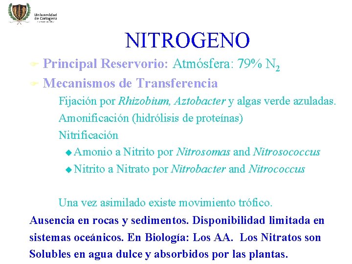 NITROGENO Principal Reservorio: Atmósfera: 79% N 2 F Mecanismos de Transferencia (BIO) F –