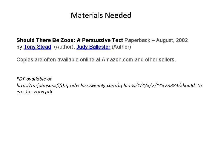 Materials Needed Should There Be Zoos: A Persuasive Text Paperback – August, 2002 by