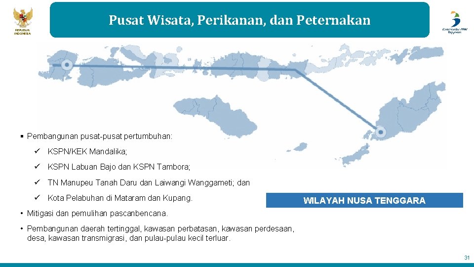 Pusat Wisata, Perikanan, dan Peternakan REPUBLIK INDONESIA § Pembangunan pusat-pusat pertumbuhan: ü KSPN/KEK Mandalika;