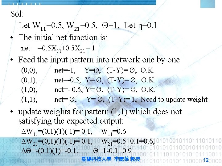 Sol: Let W 11=0. 5, W 21=0. 5, Θ=1, Let η=0. 1 • The