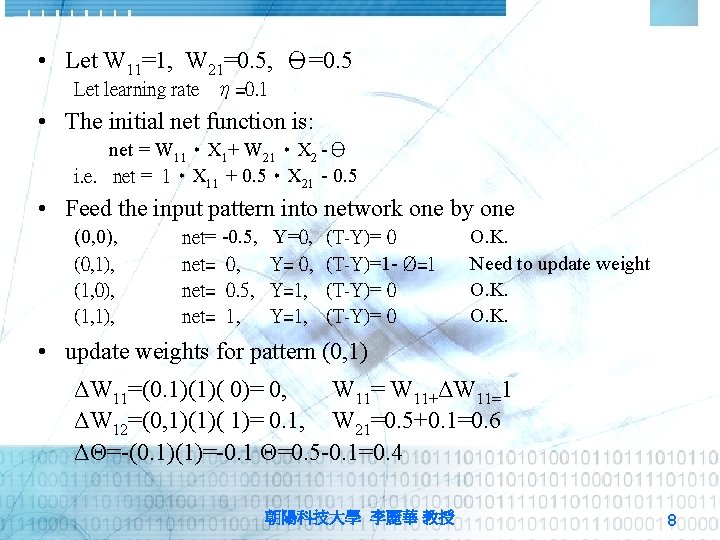 • Let W 11=1, W 21=0. 5, Θ=0. 5 Let learning rate η=0.