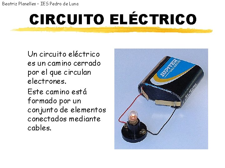 Beatriz Planelles – IES Pedro de Luna CIRCUITO ELÉCTRICO Un circuito eléctrico es un