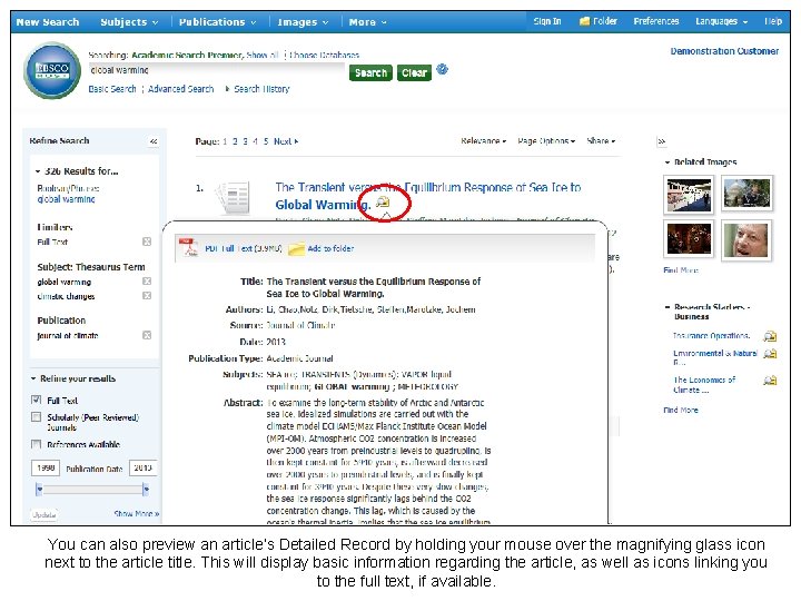 You can also preview an article’s Detailed Record by holding your mouse over the