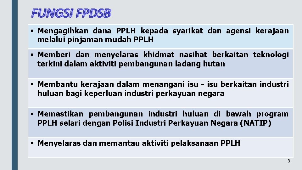 § Mengagihkan dana PPLH kepada syarikat dan agensi kerajaan melalui pinjaman mudah PPLH §