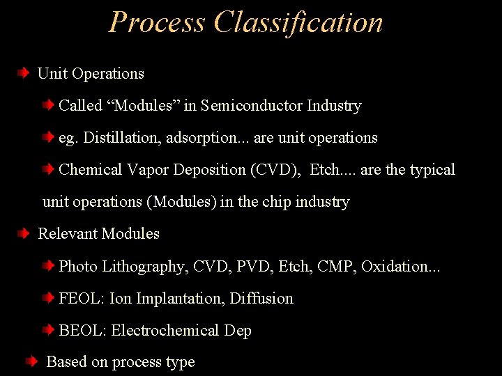 Process Classification Unit Operations Called “Modules” in Semiconductor Industry eg. Distillation, adsorption. . .