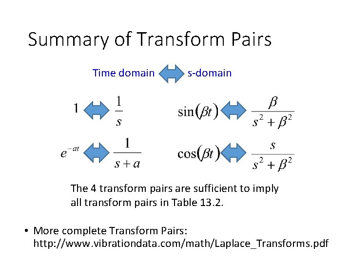 Summary of Transform Pairs Time domain s-domain The 4 transform pairs are sufficient to