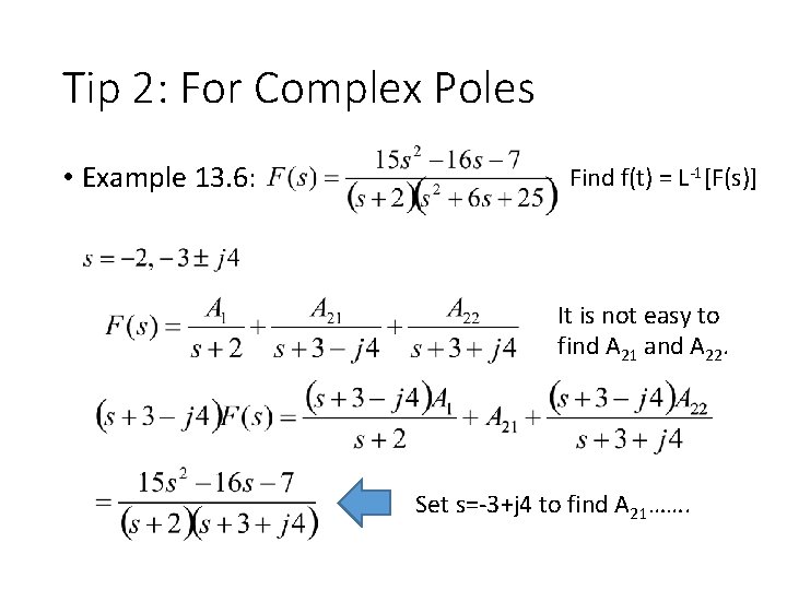 Tip 2: For Complex Poles • Example 13. 6: Find f(t) = L-1[F(s)] It