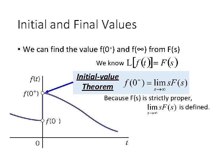 Initial and Final Values • We can find the value f(0+) and f(∞) from