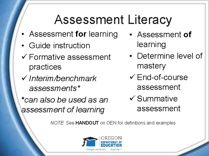 Assessment Literacy • Assessment for learning • Guide instruction ü Formative assessment practices ü