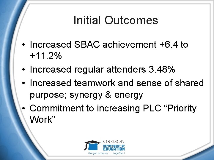 Initial Outcomes • Increased SBAC achievement +6. 4 to +11. 2% • Increased regular